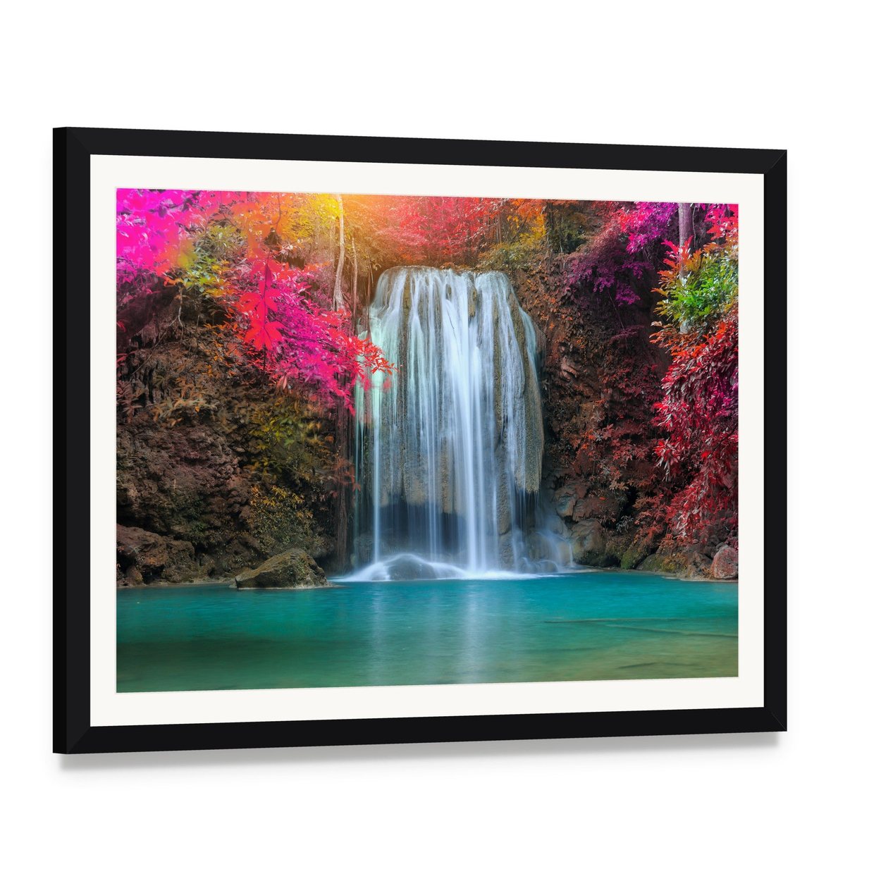 Waterfall at Colorful Place Canvas Wall Art, framed print with white mat and black frame, angled product view