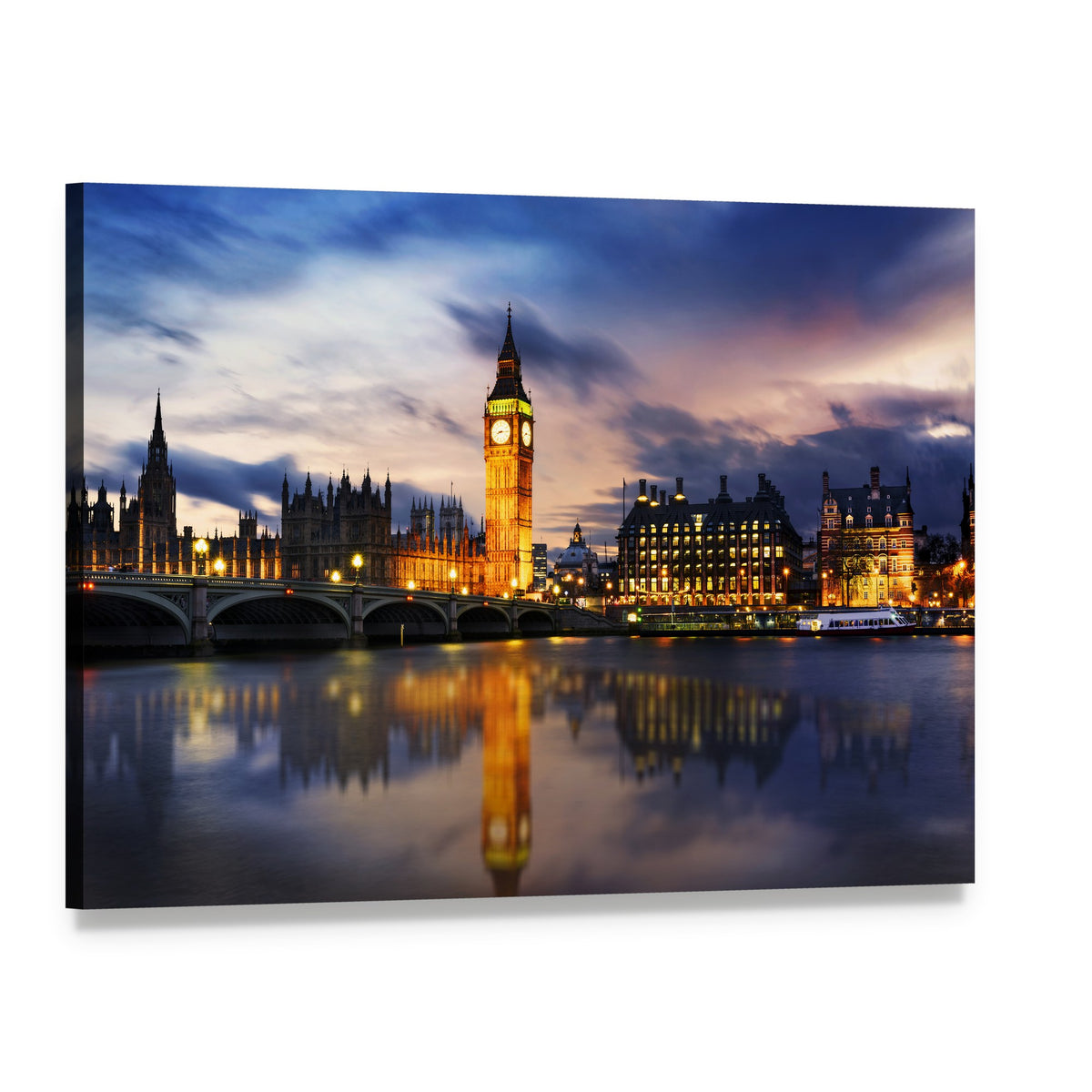 Illuminated Big Ben Over River Thames Canvas Wall Art, single panel gallery wrapped canvas, angled product view