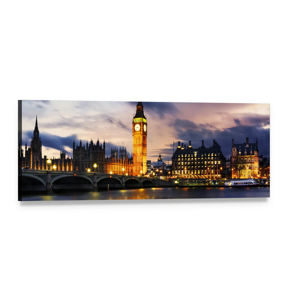 Big Ben and Westminster Bridge at Twilight Panoramic Canvas Wall Art, single panel gallery wrapped canvas, angled product view