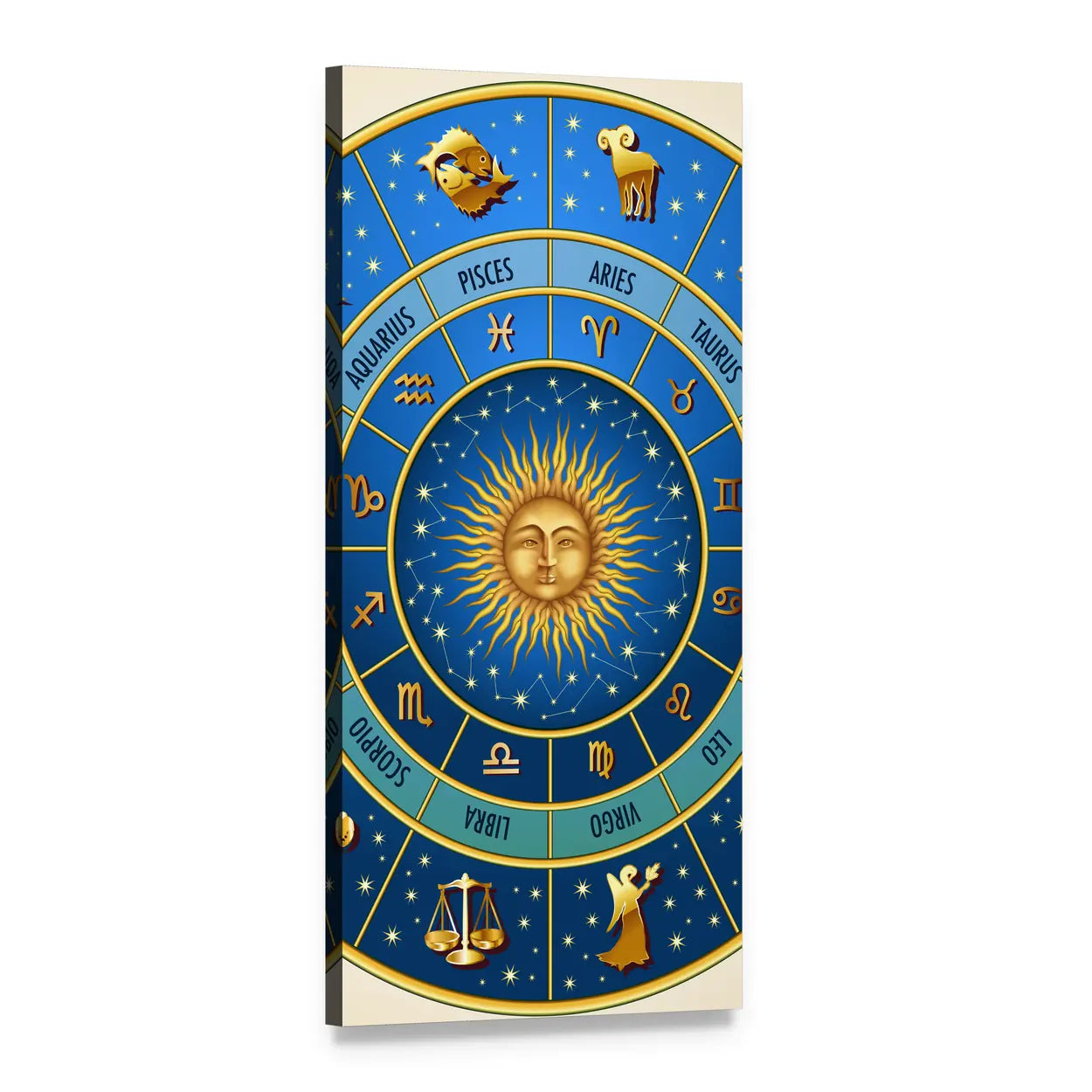 Vintage Zodiac Wheel with Sun Face Vertical Canvas Wall Art, 1 panel 1 Vertical layout gallery wrapped canvas set, angled product view