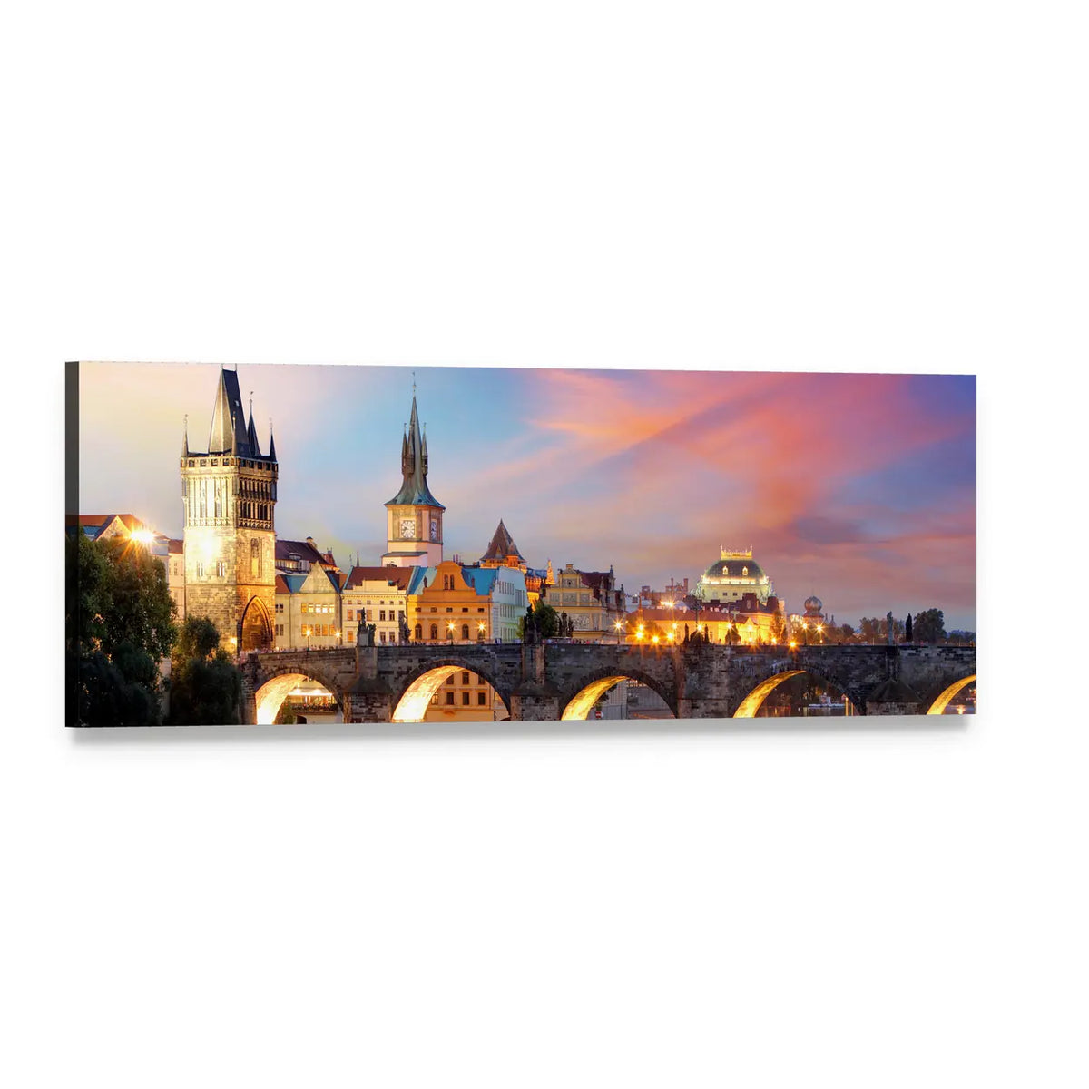 Charles Bridge at Night Panoramic Canvas Wall Art, single panel gallery wrapped canvas, angled product view