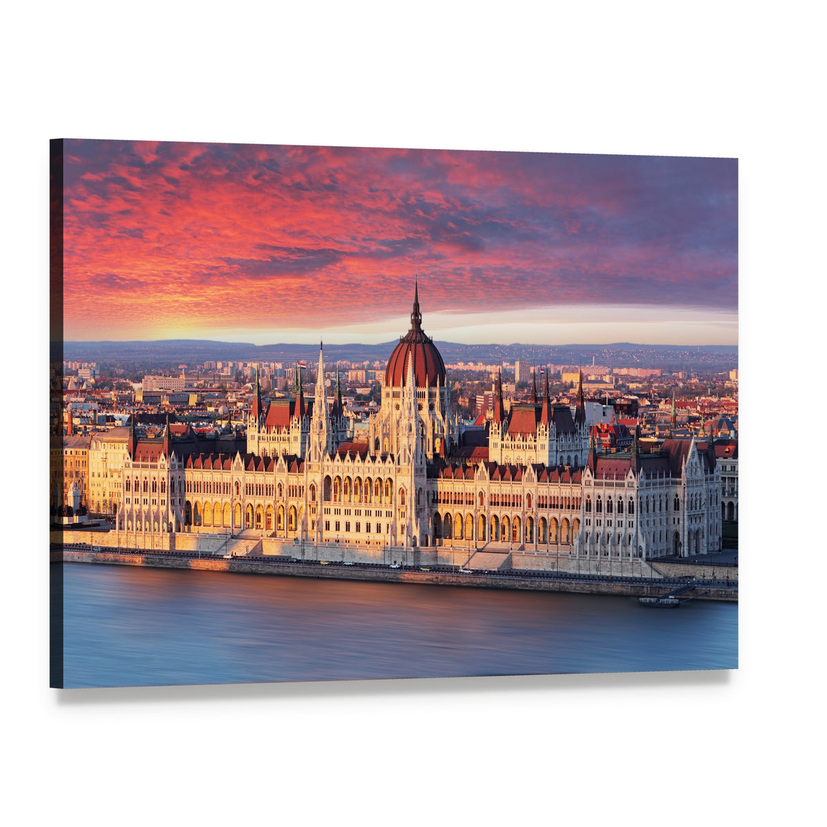 Budapest Parliament at Sunset Canvas Wall Art, single panel gallery wrapped canvas, angled product view