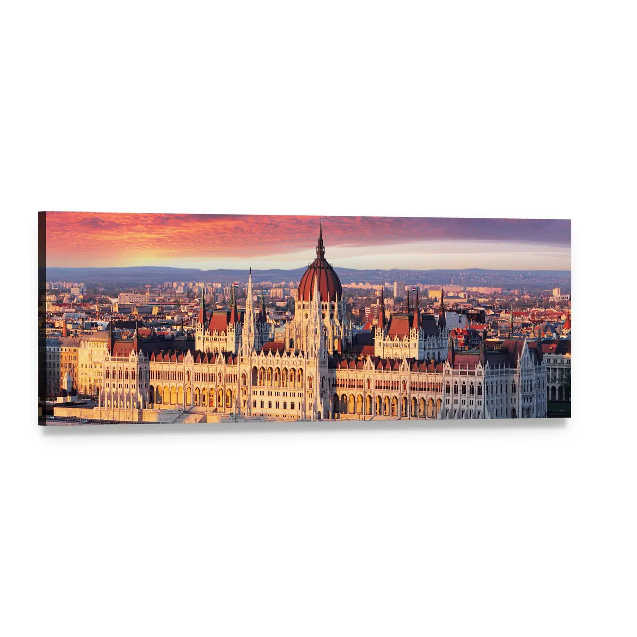 Budapest Parliament at Sunset Panoramic Canvas Wall Art, single panel gallery wrapped canvas, angled product view