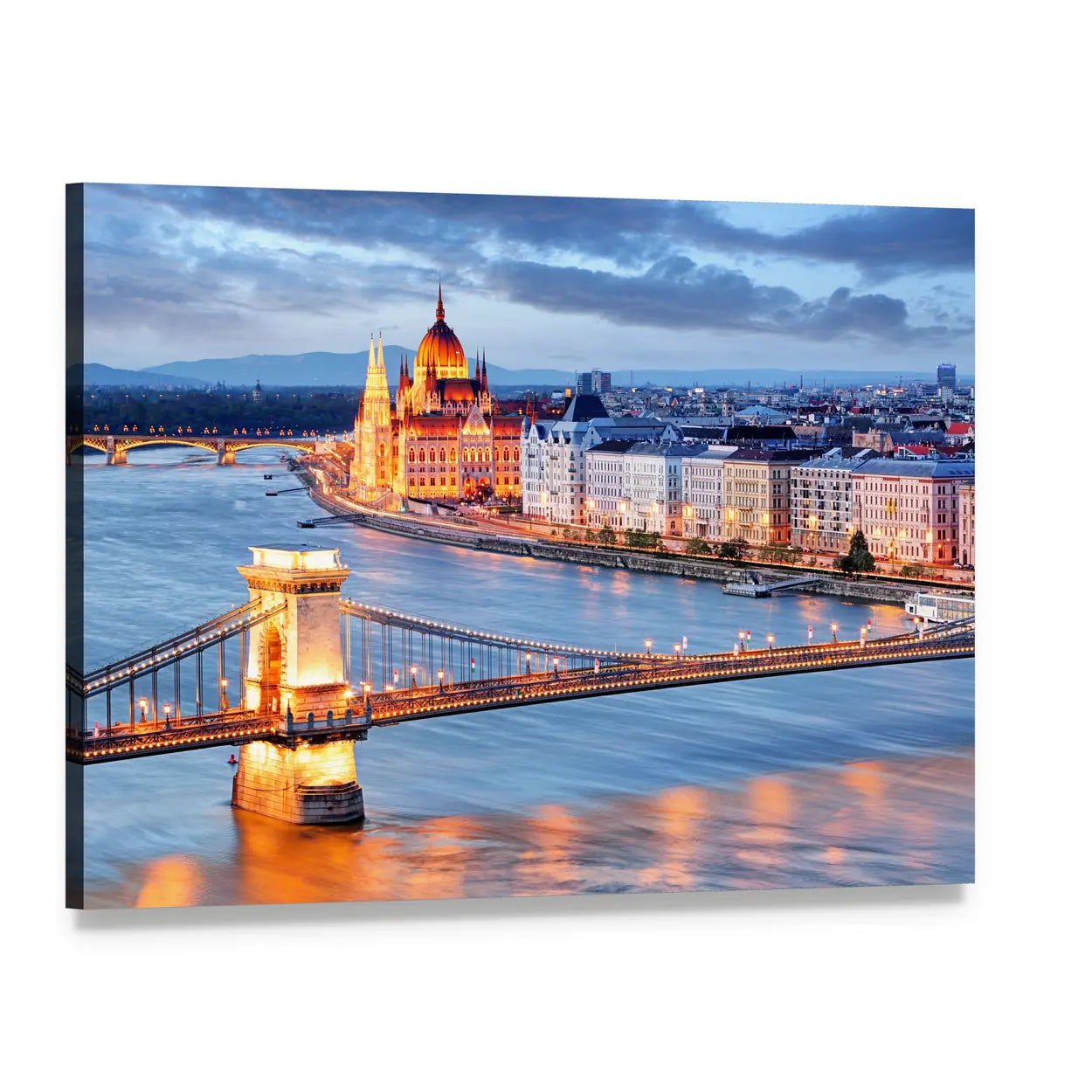 Budapest Chain Bridge at Dusk Canvas Wall Art, single panel gallery wrapped canvas, angled product view