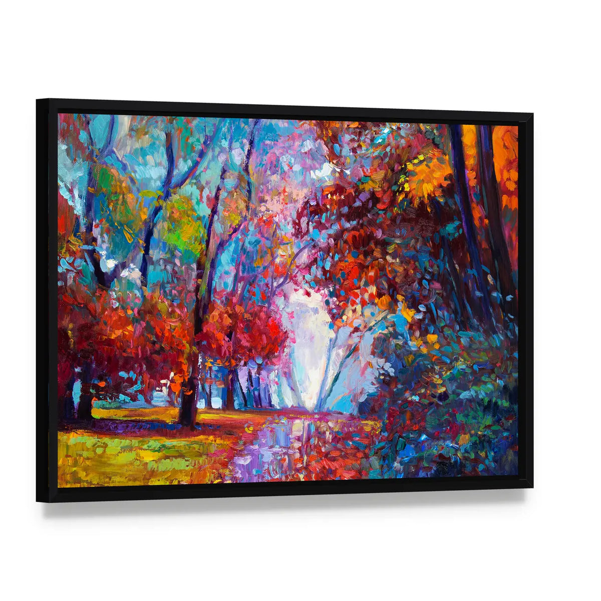 Autumn Forest Abstract Canvas Wall Art, framed canvas in a black floater frame, angled product view