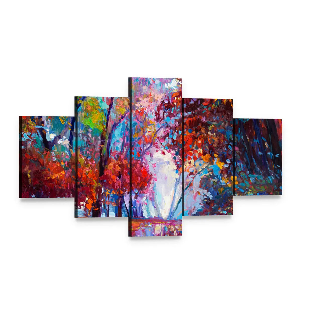 Autumn Forest Abstract Canvas Wall Art, 5 panel 5 Star layout gallery wrapped canvas set, angled product view