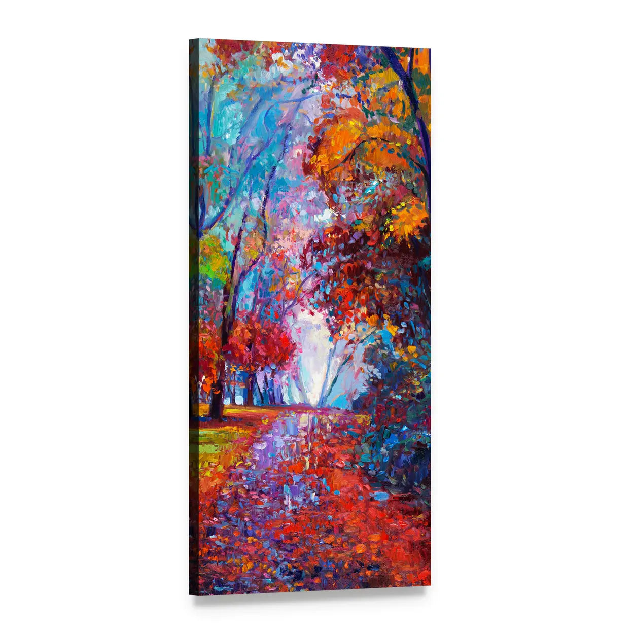Autumn Forest Path Abstract Vertical Canvas Wall Art, 1 panel 1 Vertical layout gallery wrapped canvas set, angled product view
