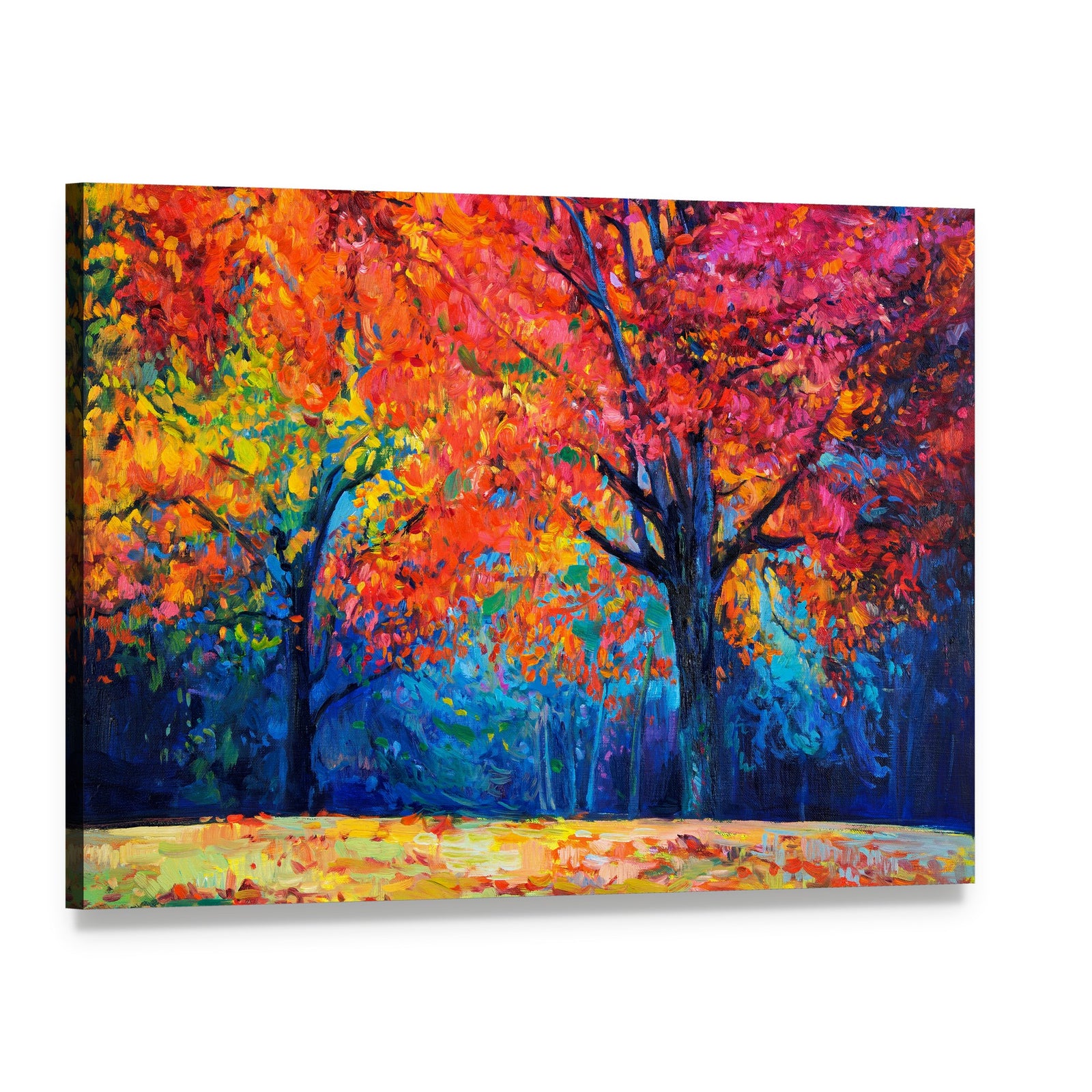 Vibrant Autumn Forest Trees Canvas Wall Art, single panel gallery wrapped canvas, angled product view