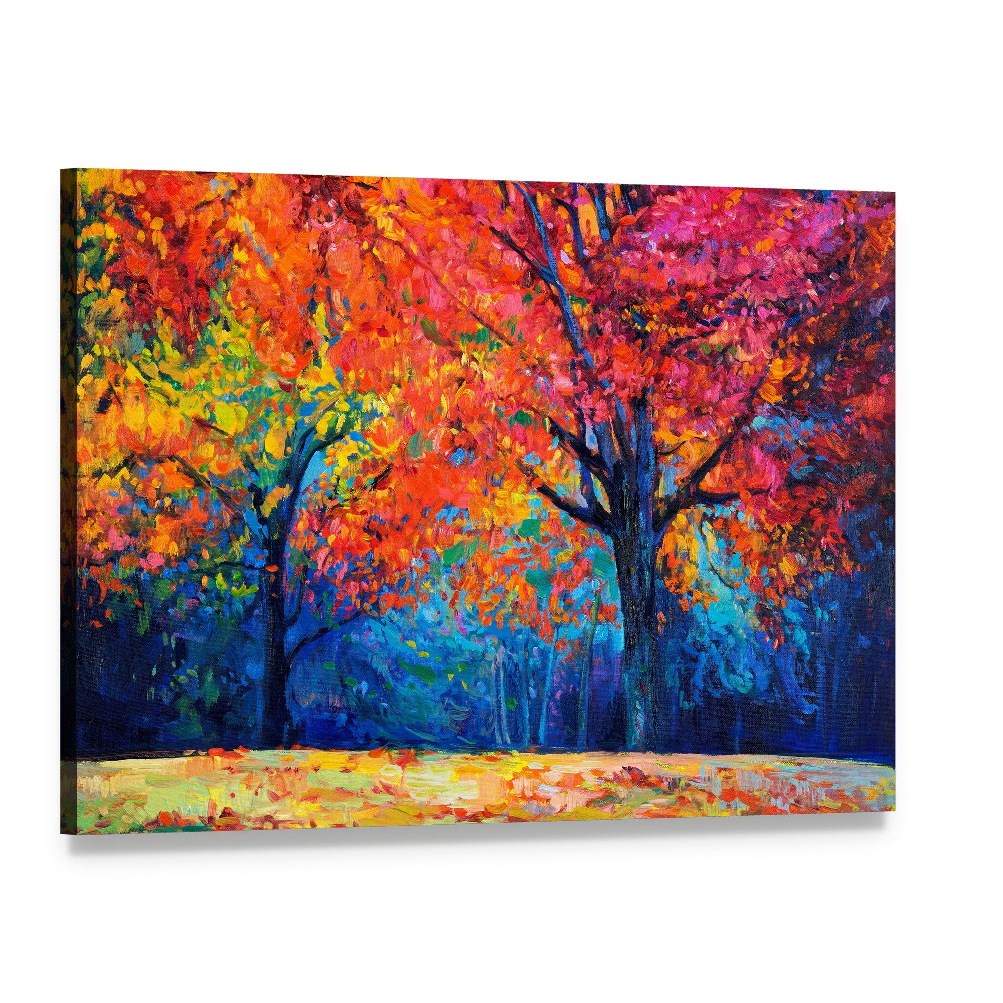 Vibrant Autumn Forest Trees Canvas Wall Art, single panel gallery wrapped canvas, angled product view