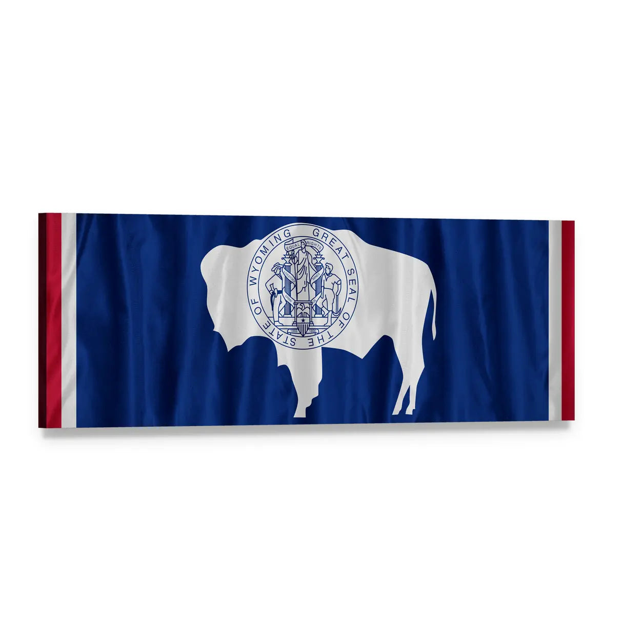 Wyoming State Flag with Bison Seal Panoramic Canvas Wall Art, single panel gallery wrapped canvas, angled product view
