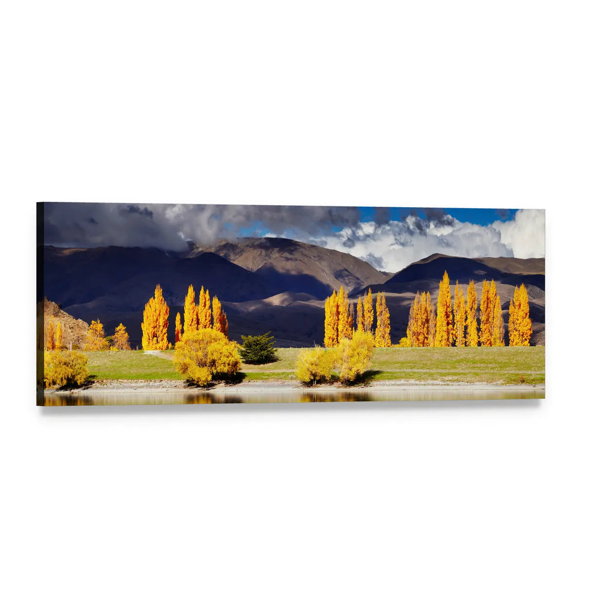 Lake Benmore in Autumn Panoramic Canvas Wall Art, single panel gallery wrapped canvas, angled product view