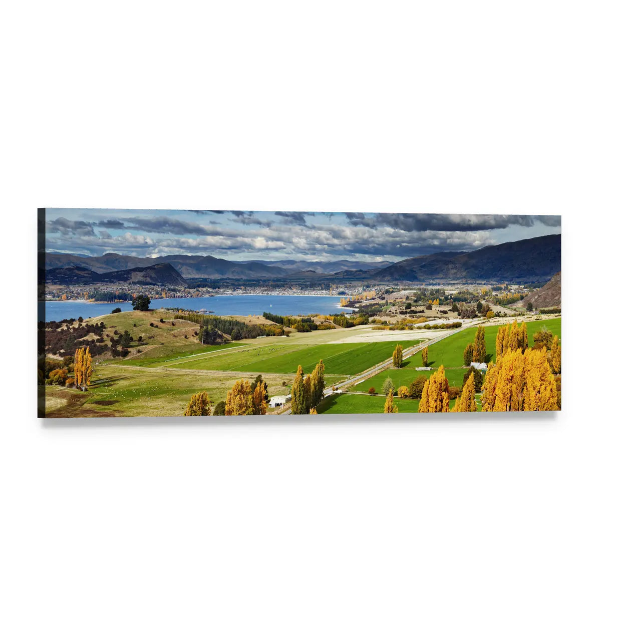 Lake Wanaka Autumn Landscape Panoramic Canvas Wall Art, single panel gallery wrapped canvas, angled product view