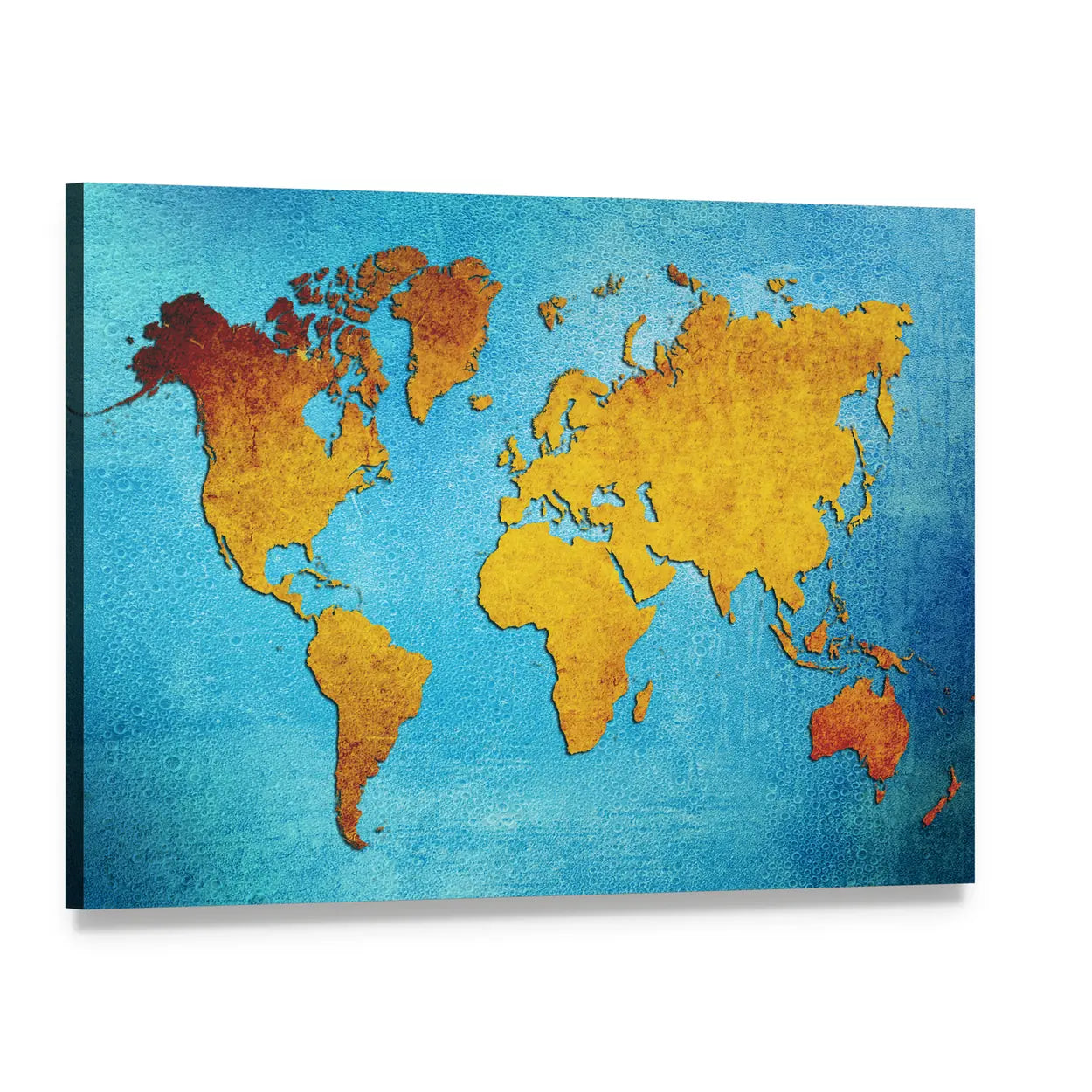 Distressed Gold Grunge World Map Canvas Wall Art, single panel gallery wrapped canvas, angled product view