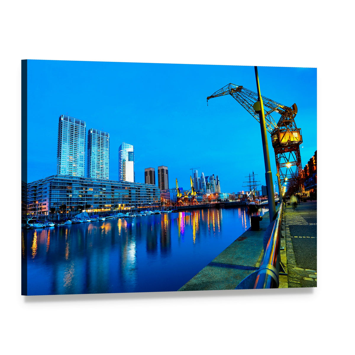 Puerto Madero Cityscape at Night Canvas Wall Art, single panel gallery wrapped canvas, angled product view