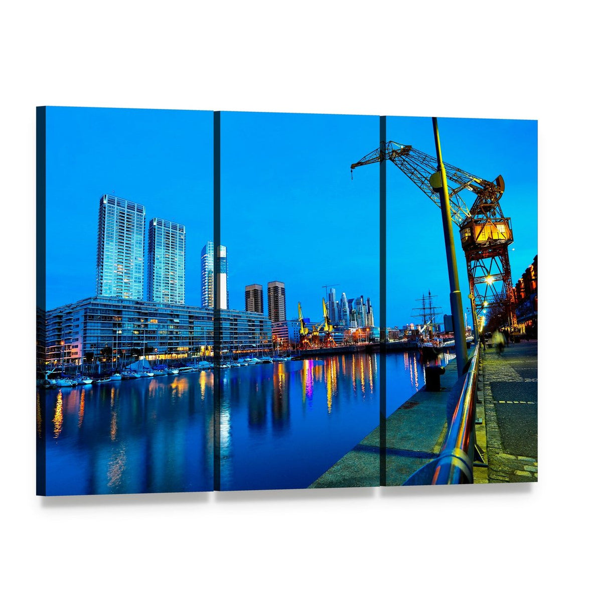 Puerto Madero Cityscape at Night Canvas Wall Art, 3 panel 3 Horizontal layout gallery wrapped canvas set, angled product view