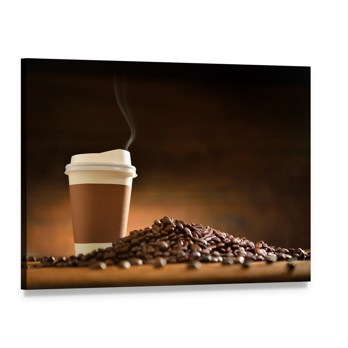 Paper Cup of Coffee with Smoke and Coffee Beans Canvas Wall Art, single panel gallery wrapped canvas, angled product view