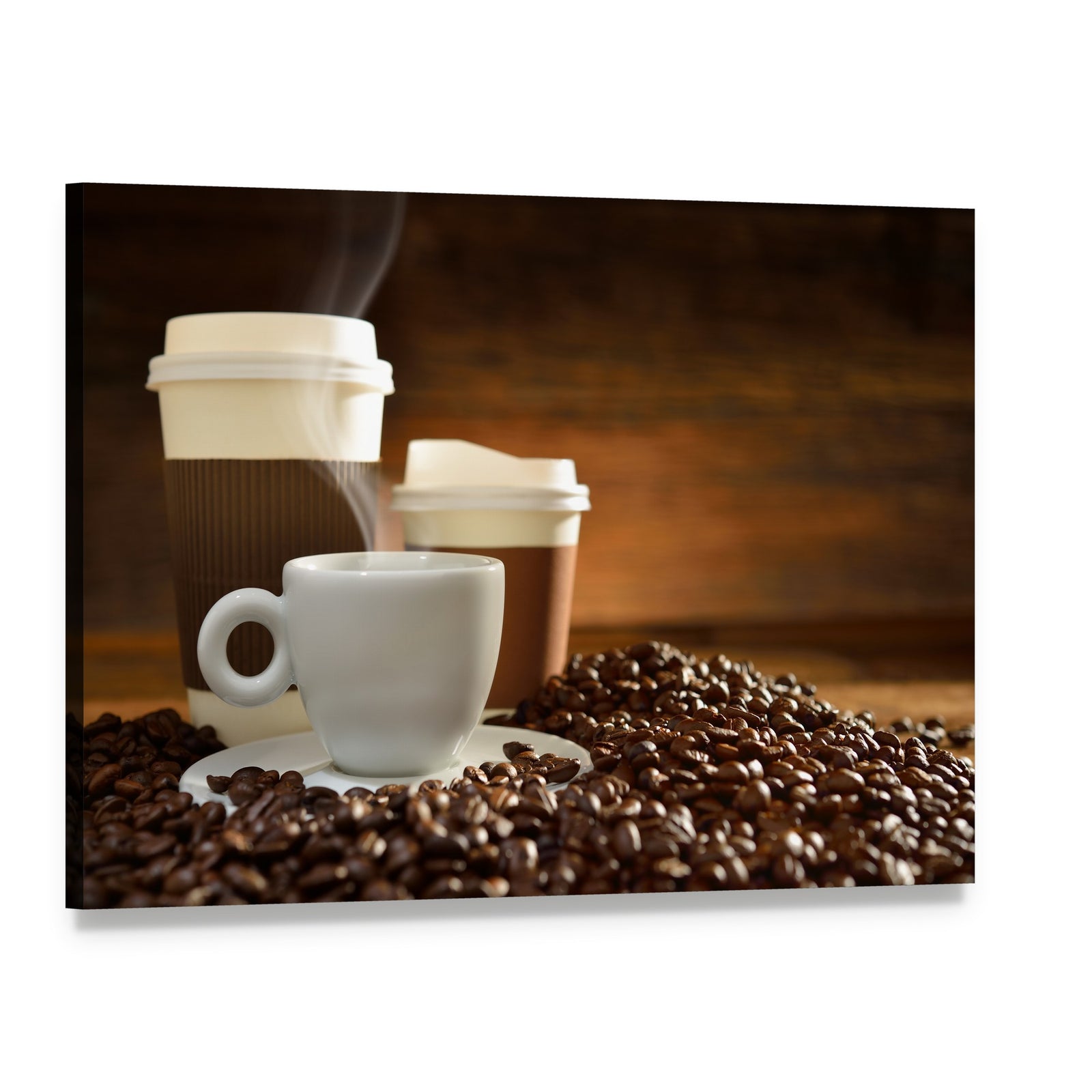 Cups of Coffee Canvas Wall Art, single panel gallery wrapped canvas, angled product view