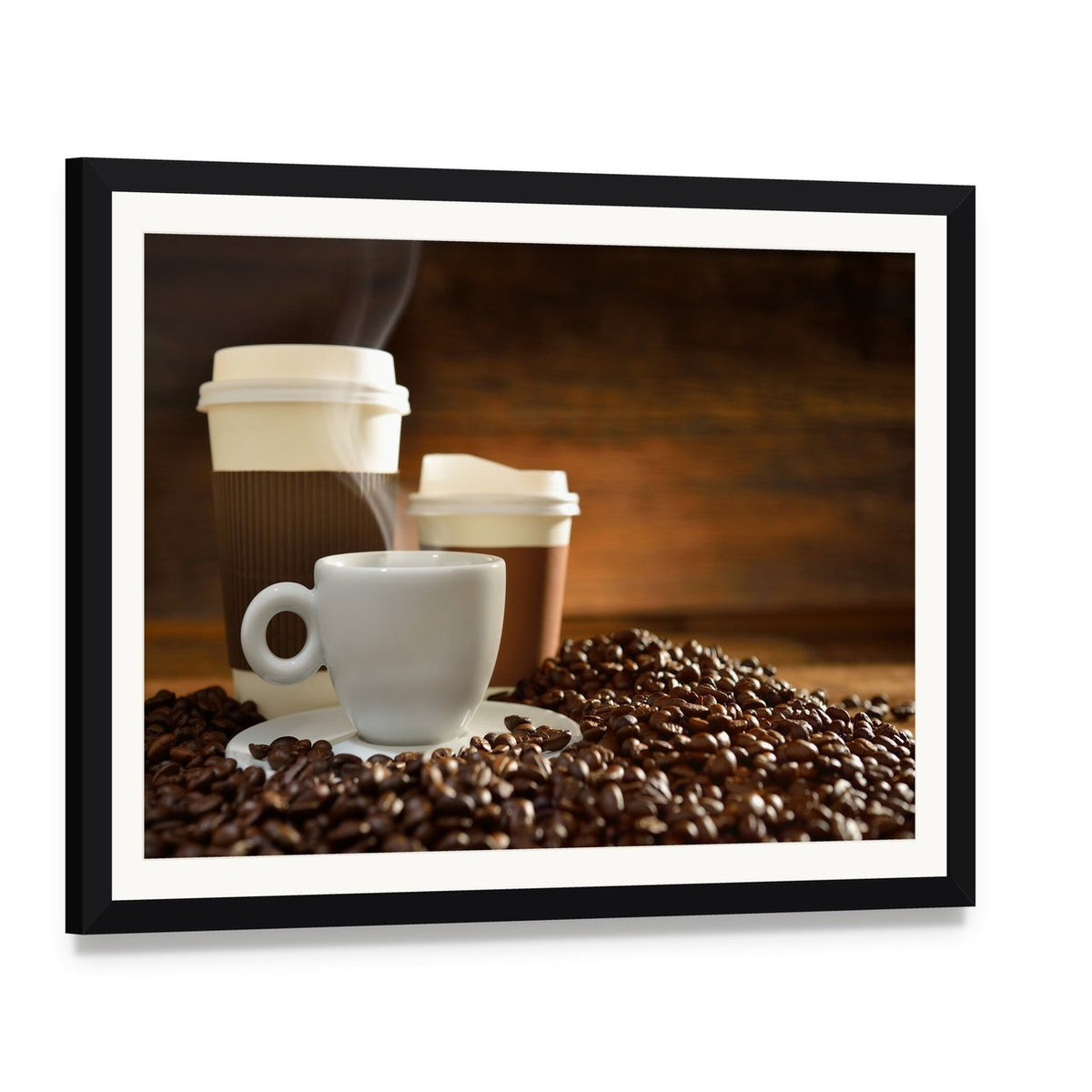 Cups of Coffee Canvas Wall Art, framed print with white mat and black frame, angled product view