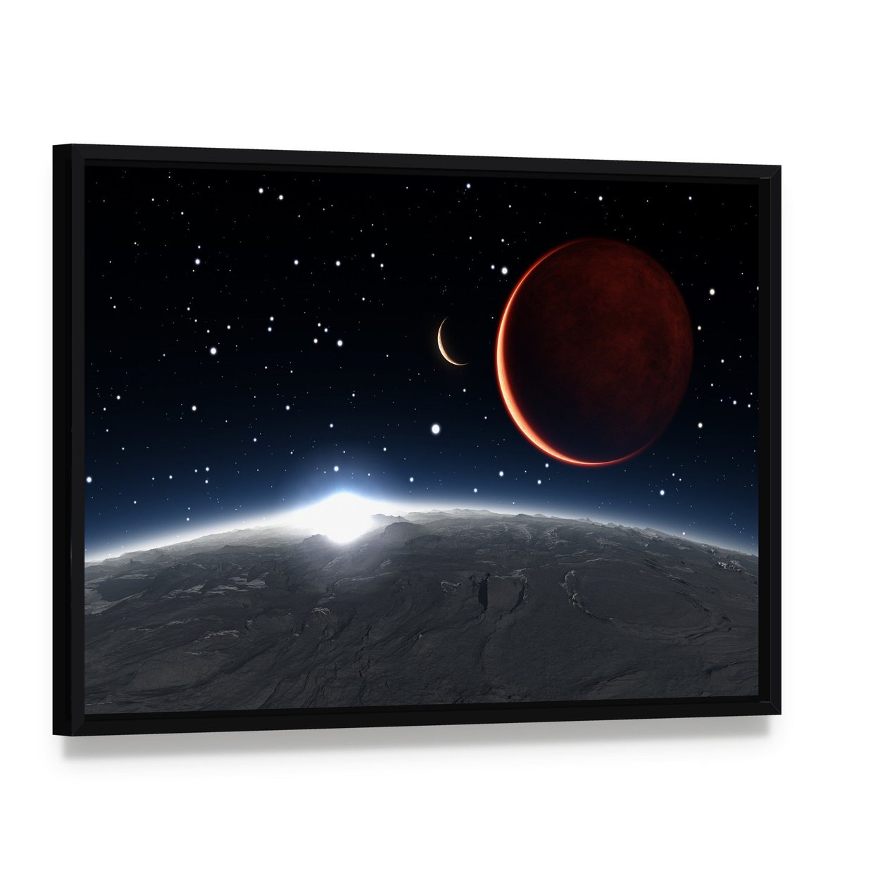 Sunrise Over Phobos and Mars Canvas Wall Art, framed canvas in a black floater frame, angled product view