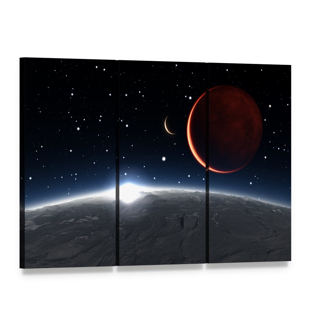 Sunrise Over Phobos and Mars Canvas Wall Art, 3 panel 3 Horizontal layout gallery wrapped canvas set, angled product view