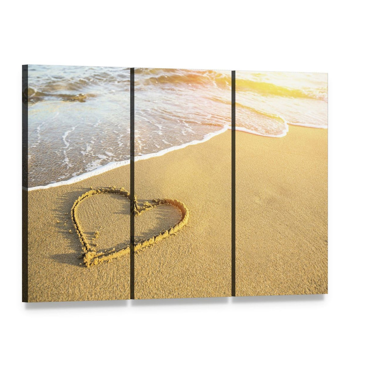 Heart Drawn on Sand Canvas Wall Art, 3 panel 3 Horizontal layout gallery wrapped canvas set, angled product view