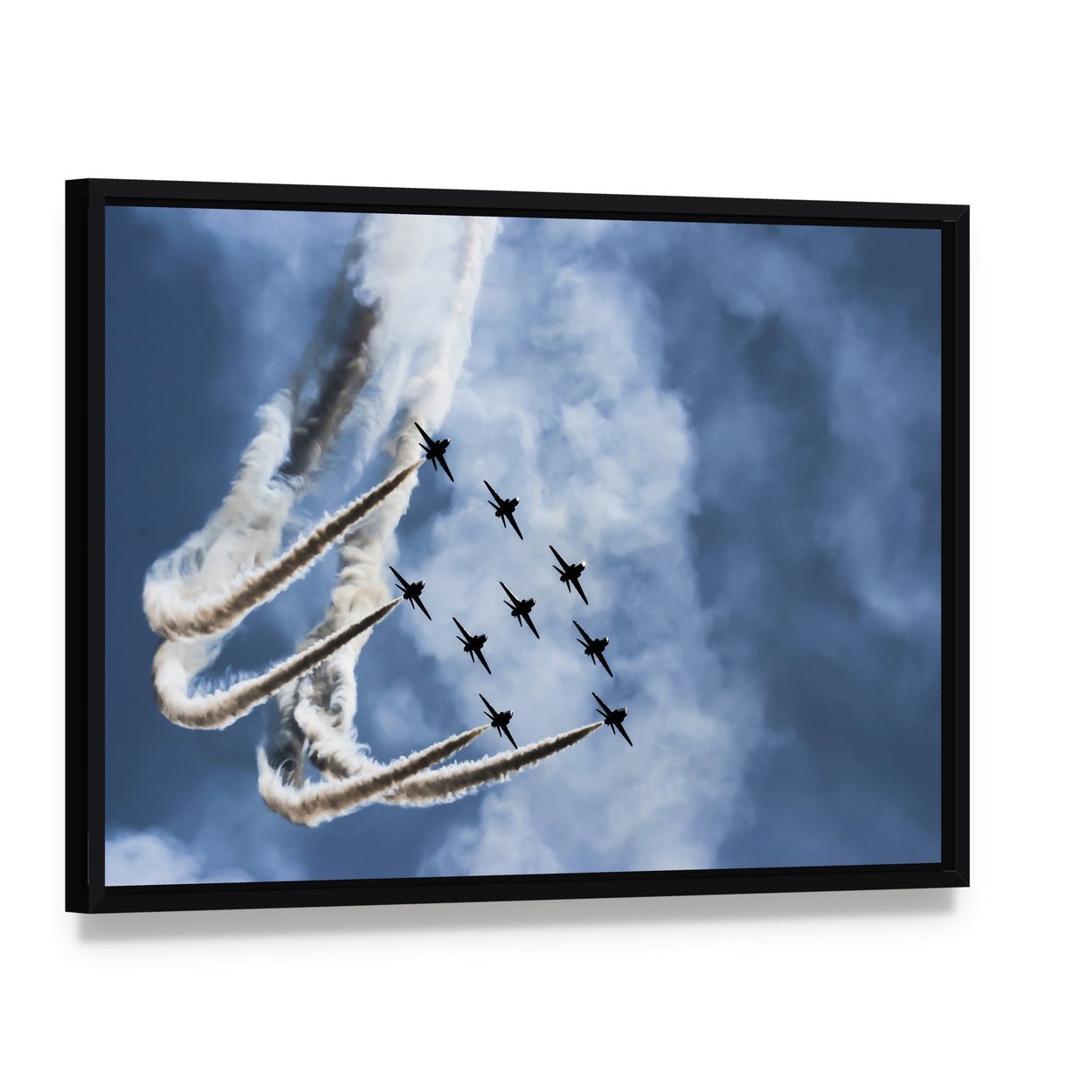 Sky Fighters Airshow Canvas Wall Art, framed canvas in a black floater frame, angled product view