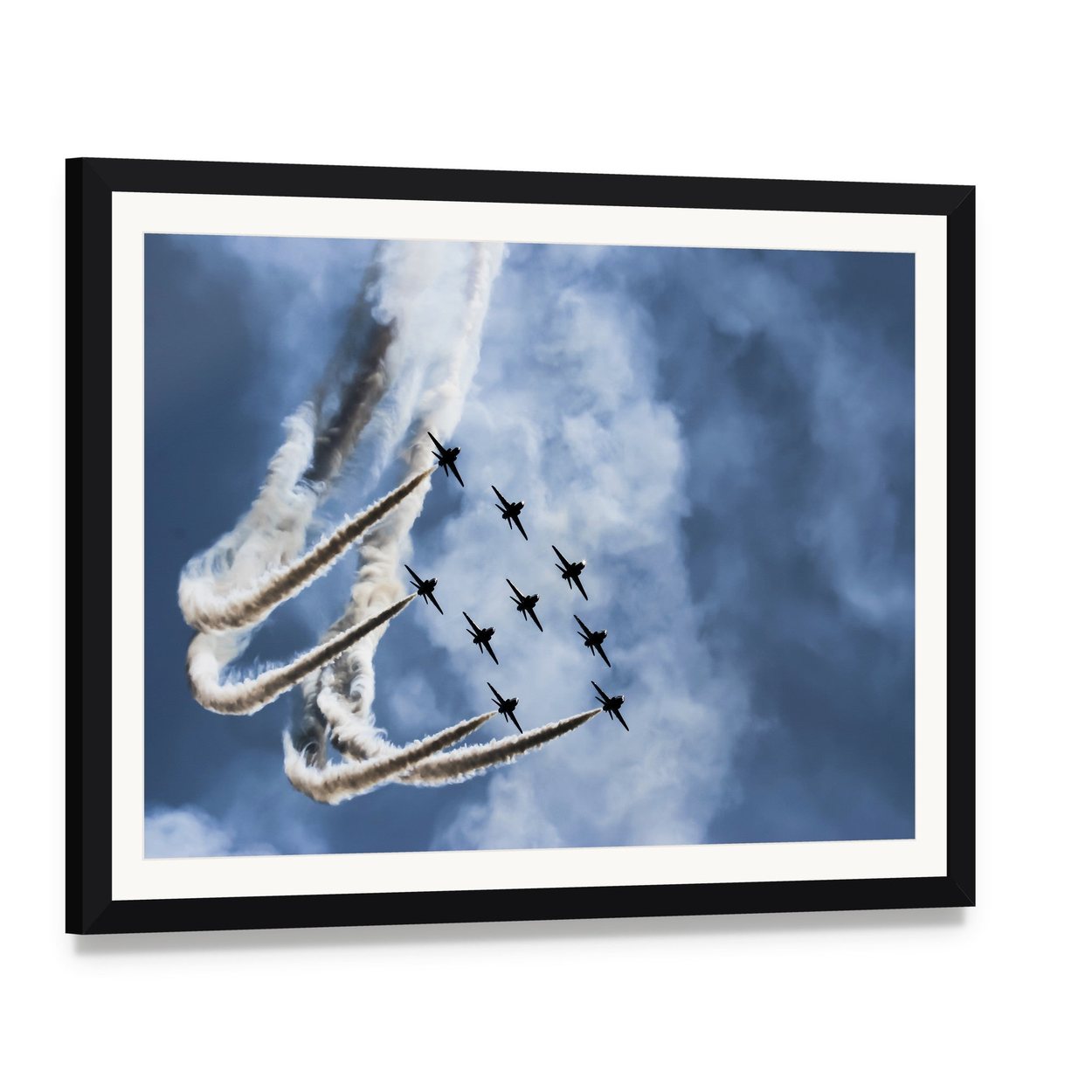 Sky Fighters Airshow Canvas Wall Art, framed print with white mat and black frame, angled product view