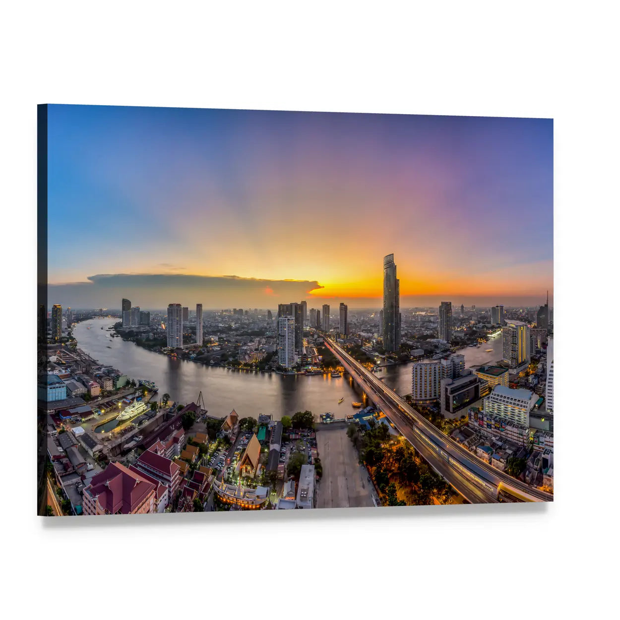 Bangkok Business District at Dusk Canvas Wall Art, single panel gallery wrapped canvas, angled product view