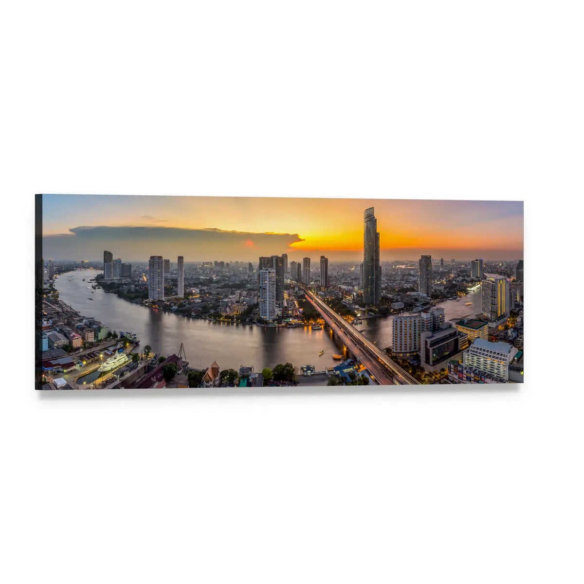 Bangkok Business District at Dusk Panoramic Canvas Wall Art, single panel gallery wrapped canvas, angled product view
