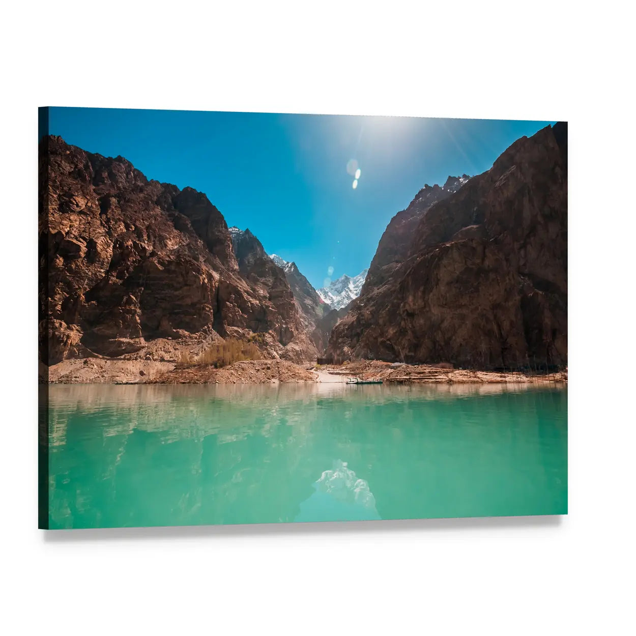 Attabad Lake Turquoise Mountain Valley Canvas Wall Art, single panel gallery wrapped canvas, angled product view