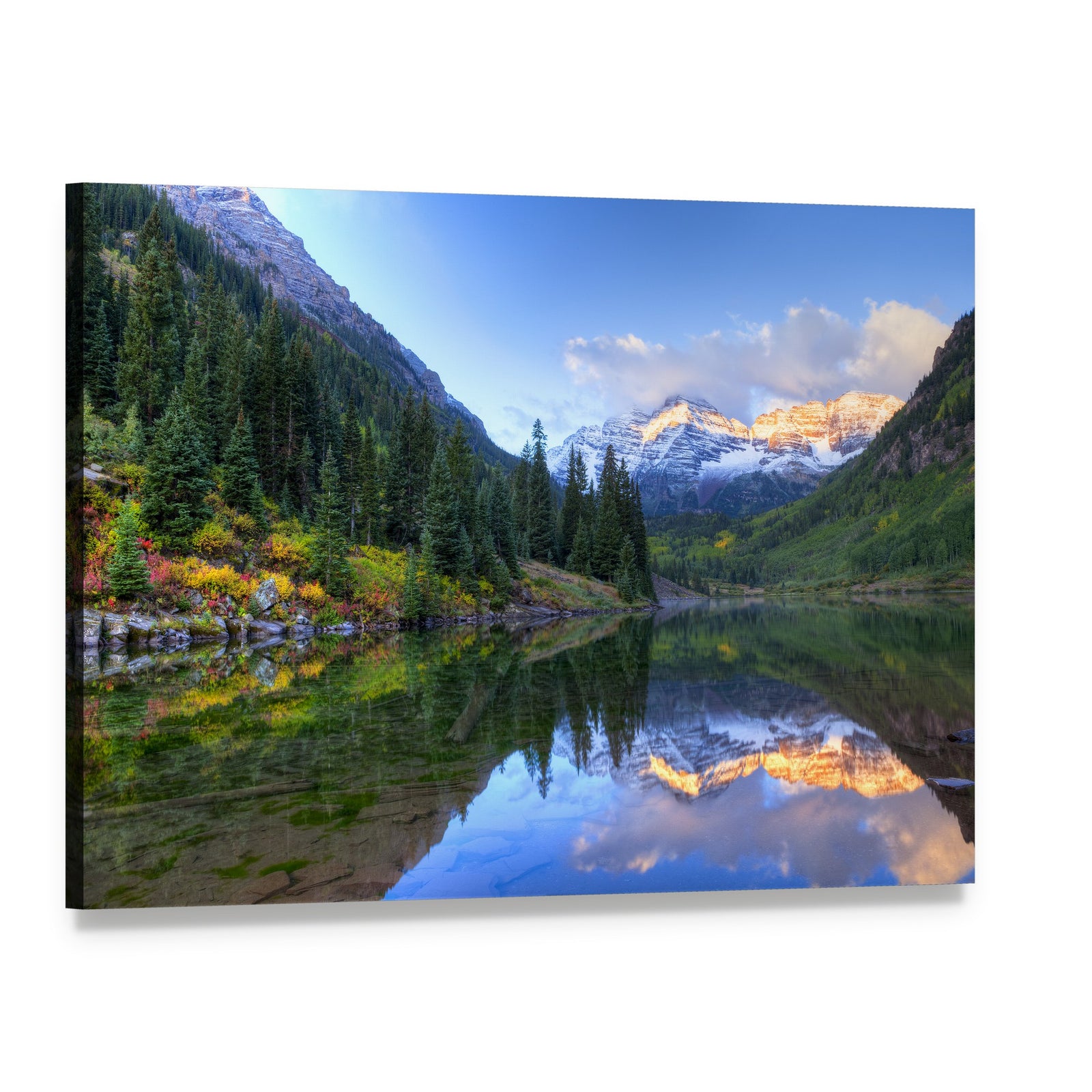 Autumn Reflection of Maroon Bells Canvas Wall Art, single panel gallery wrapped canvas, angled product view