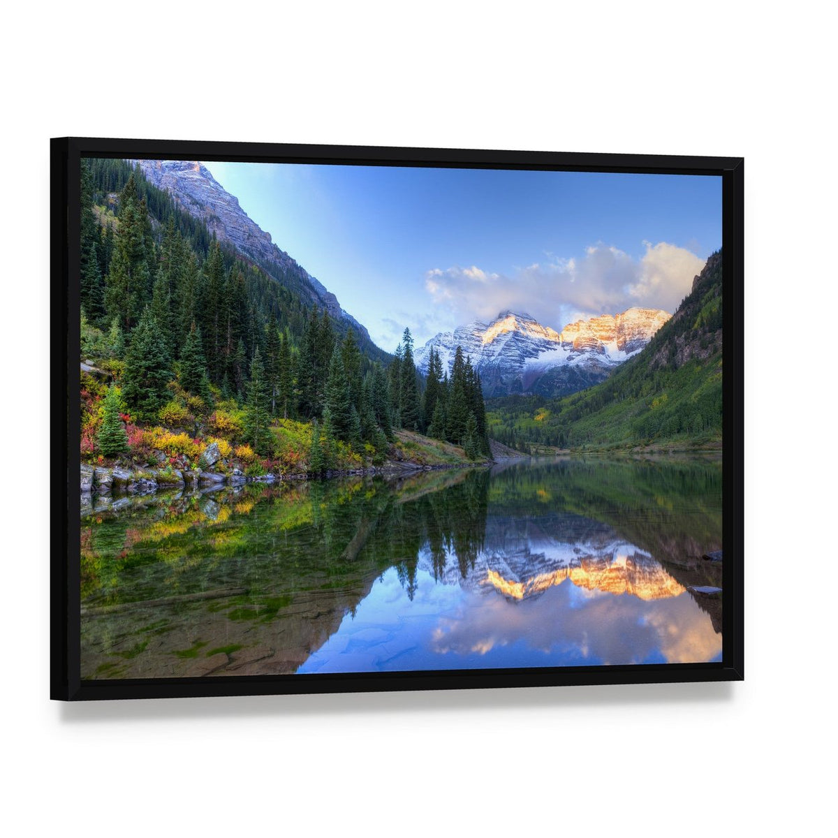 Autumn Reflection of Maroon Bells Canvas Wall Art, framed canvas in a black floater frame, angled product view
