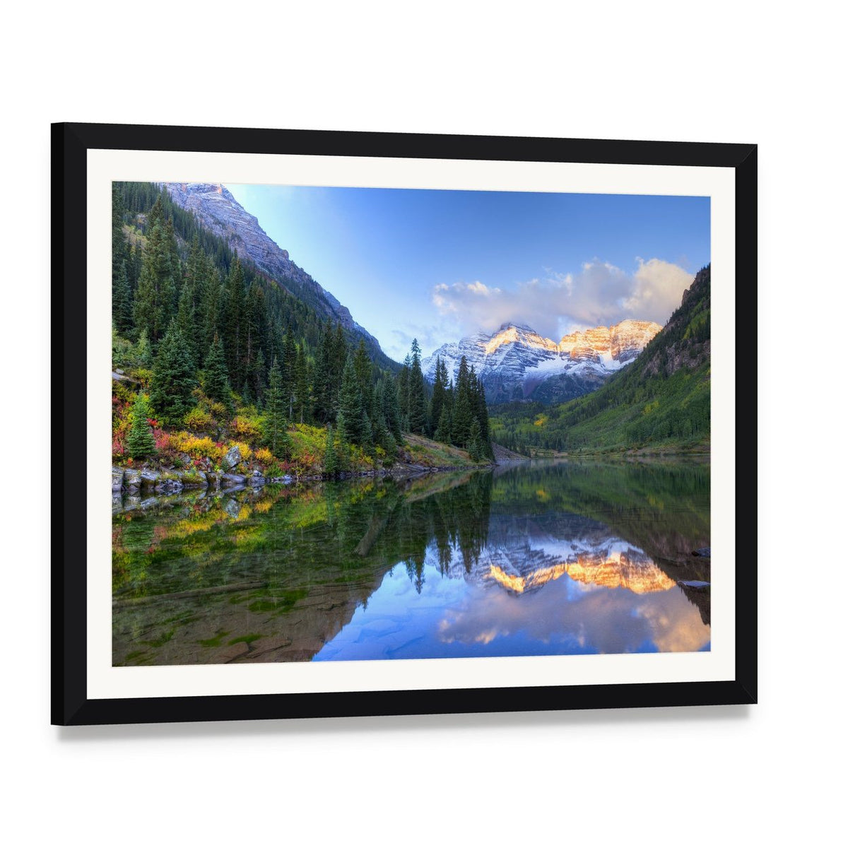 Autumn Reflection of Maroon Bells Canvas Wall Art, framed print with white mat and black frame, angled product view