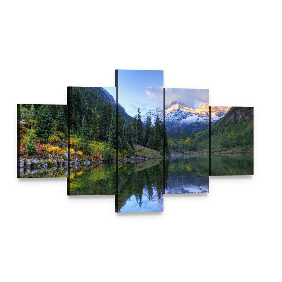 Autumn Reflection of Maroon Bells Canvas Wall Art, 5 panel 5 Star layout gallery wrapped canvas set, angled product view