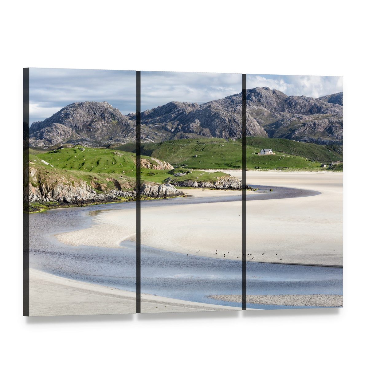 Low Tide at Uig Beach Canvas Wall Art, 3 panel 3 Horizontal layout gallery wrapped canvas set, angled product view