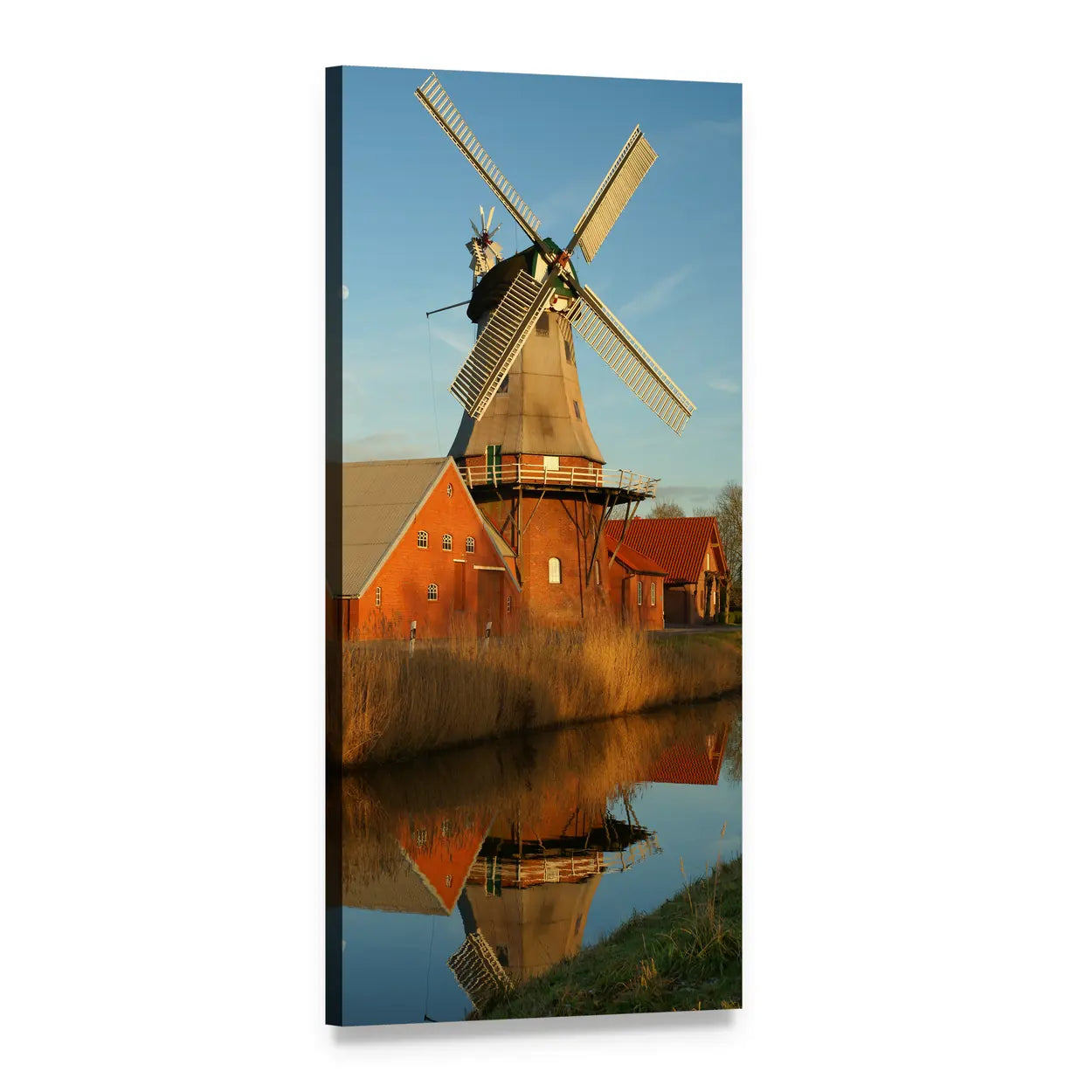 Windmill Reflected in Canal at Sunset Vertical Canvas Wall Art, 1 panel 1 Vertical layout gallery wrapped canvas set, angled product view