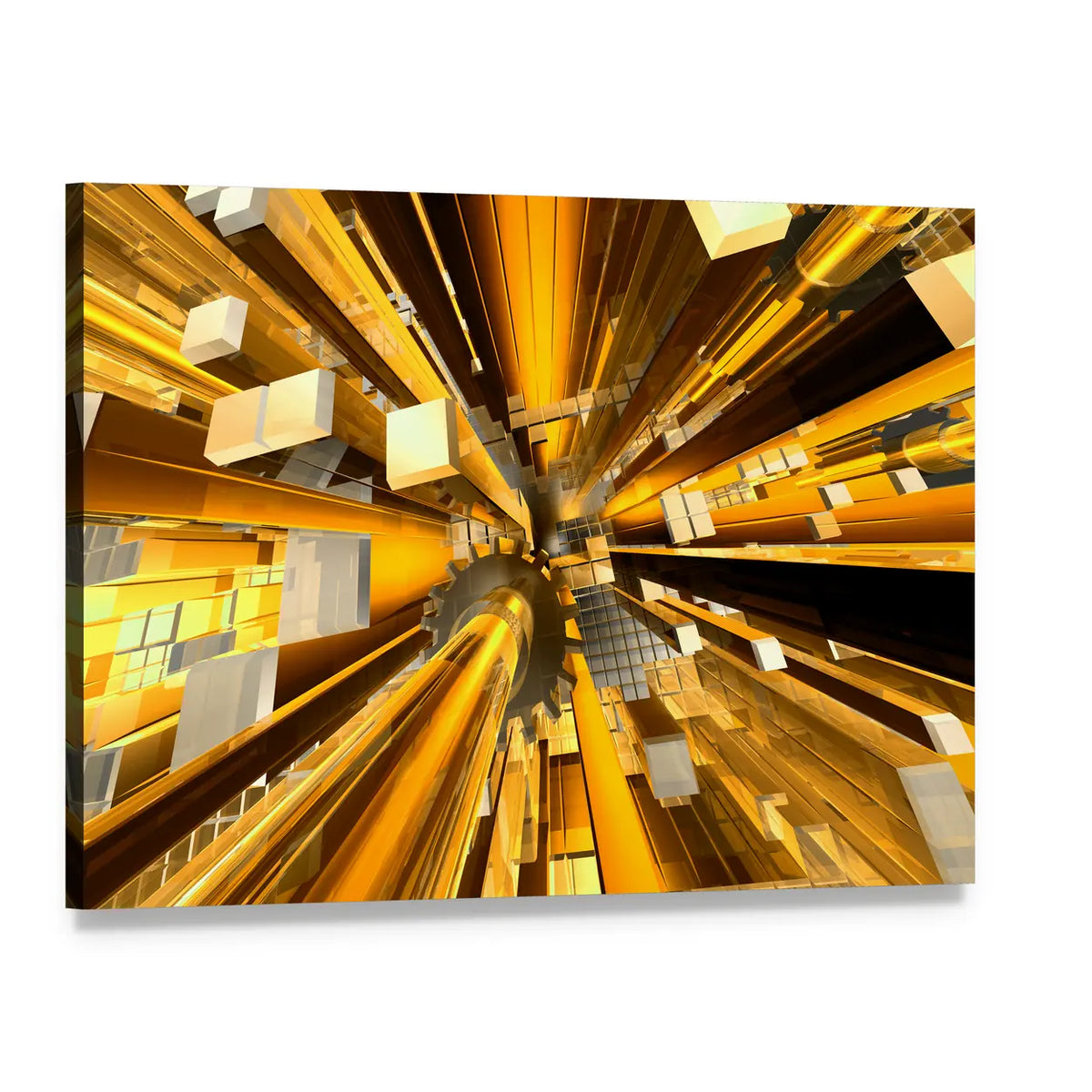 Golden Mechanical Hub Abstract Canvas Wall Art, single panel gallery wrapped canvas, angled product view