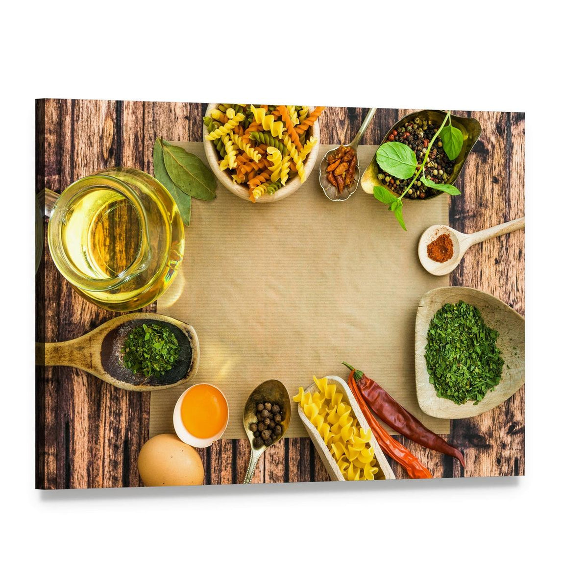Uncooked Pasta and Spices Canvas Wall Art, single panel gallery wrapped canvas, angled product view