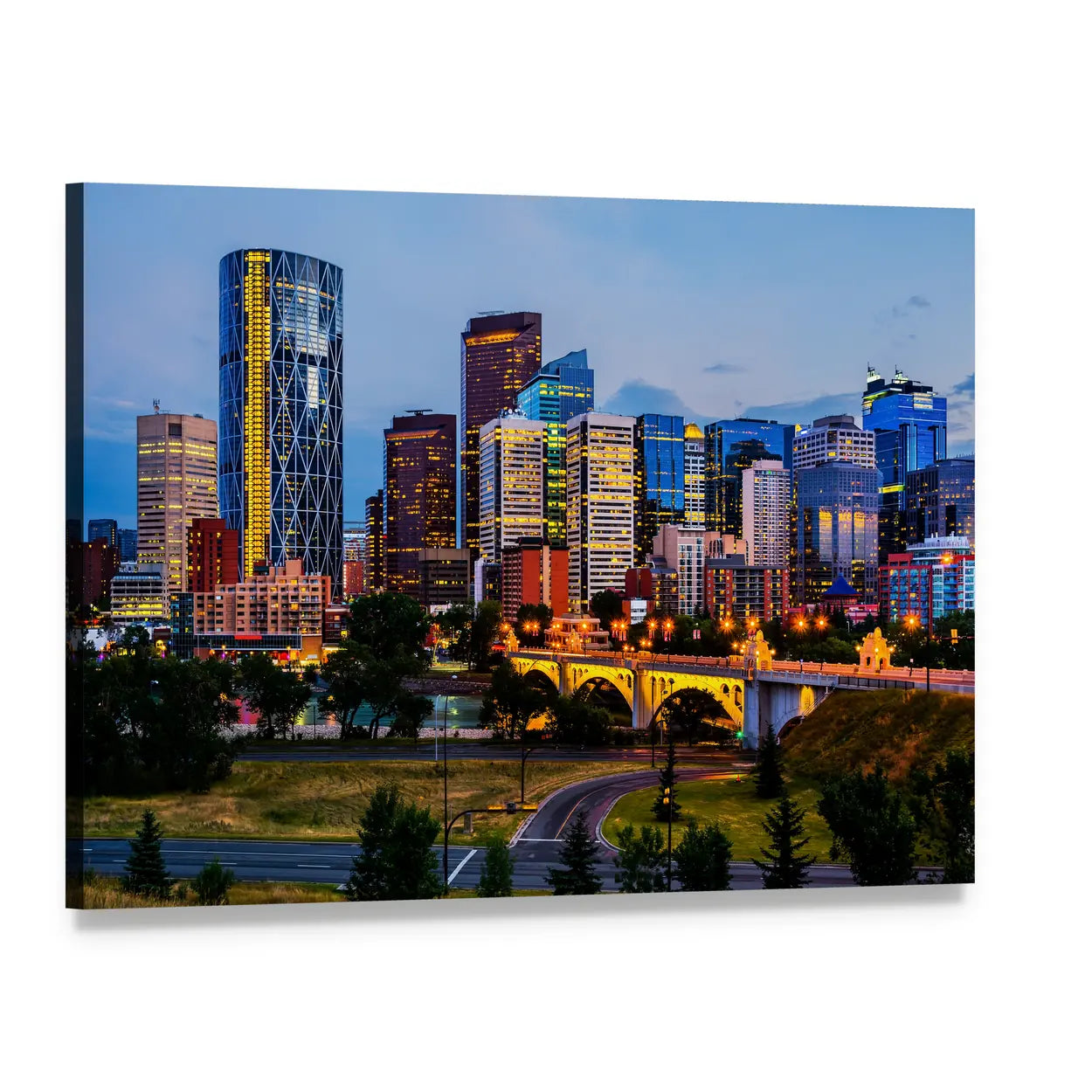 Calgary Skyline with Arched Bridge Canvas Wall Art, single panel gallery wrapped canvas, angled product view