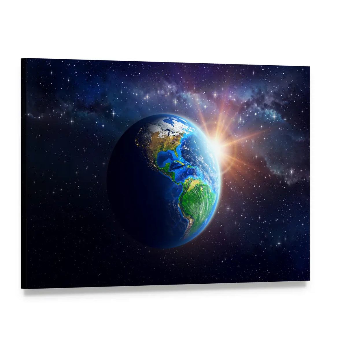 Sunrise Over Earth with City Lights Canvas Wall Art, single panel gallery wrapped canvas, angled product view