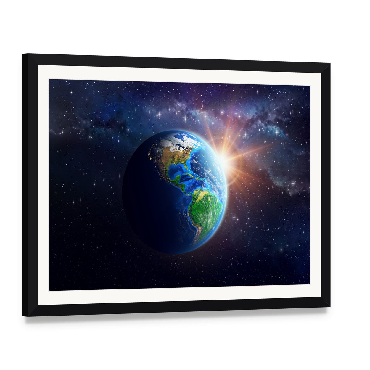 Illuminated Face of Earth Canvas Wall Art, framed print with white mat and black frame, angled product view