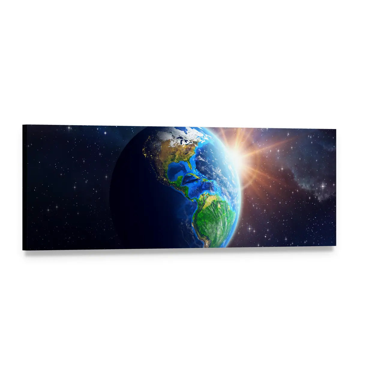 Illuminated Face of Earth Panoramic Canvas Wall Art, single panel gallery wrapped canvas, angled product view