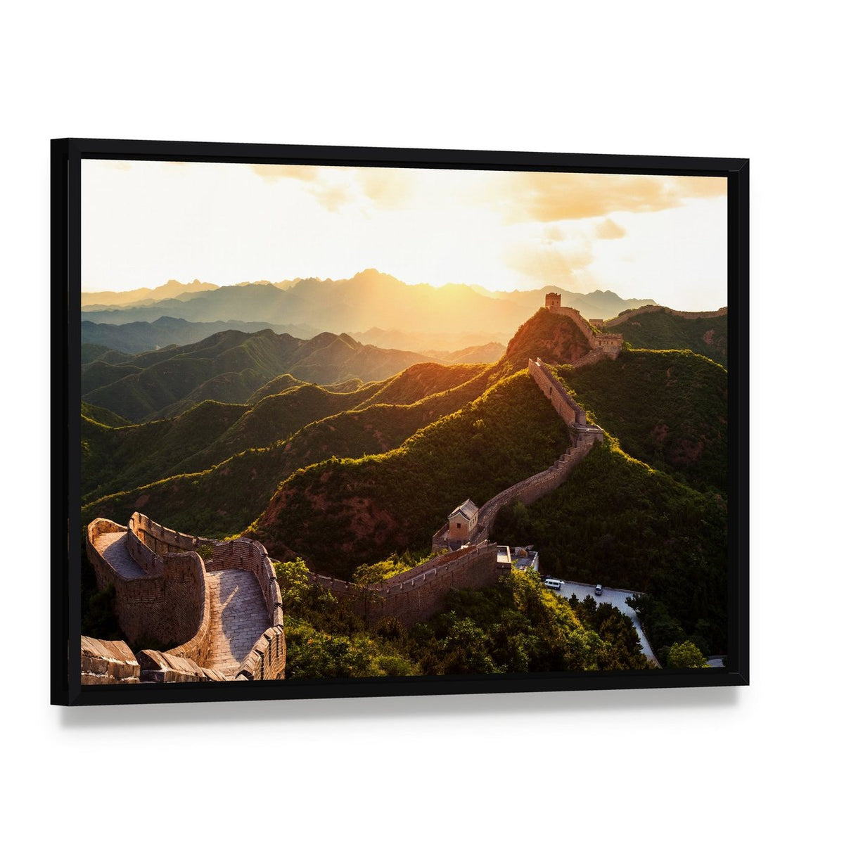 Great Wall of China Under Sunshine Canvas Wall Art, framed canvas in a black floater frame, angled product view