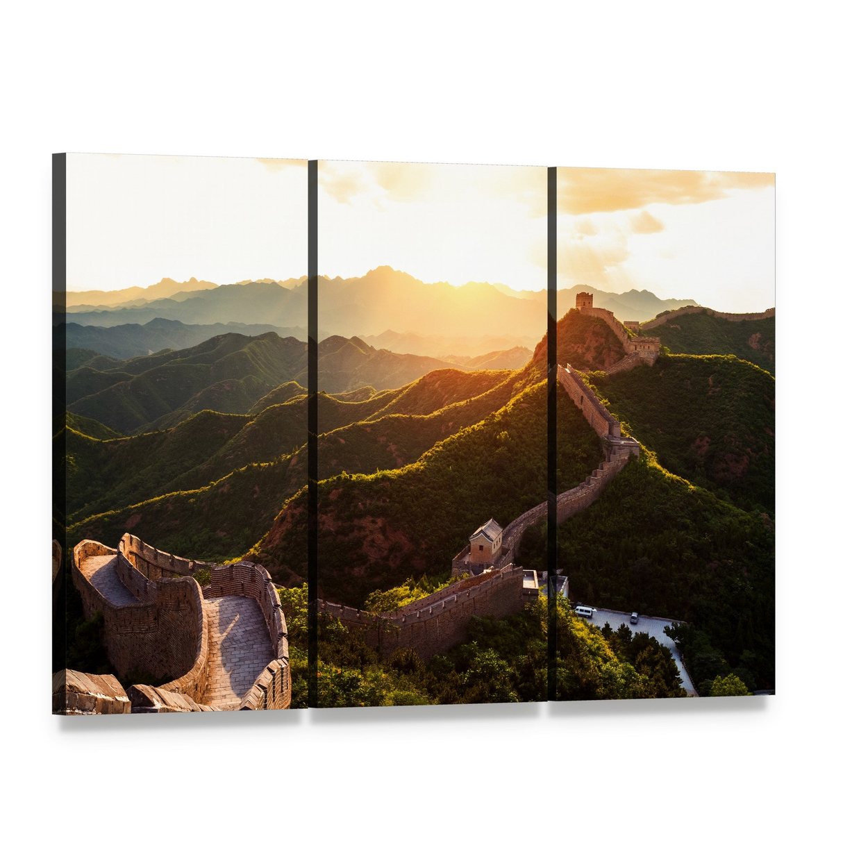 Great Wall of China Under Sunshine Canvas Wall Art, 3 panel 3 Horizontal layout gallery wrapped canvas set, angled product view