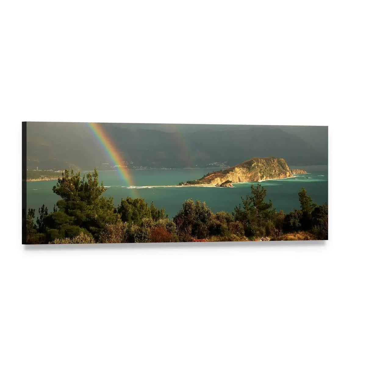 Rainbow Over Coastal Island and Forested Hills Panoramic Canvas Wall Art, single panel gallery wrapped canvas, angled product view
