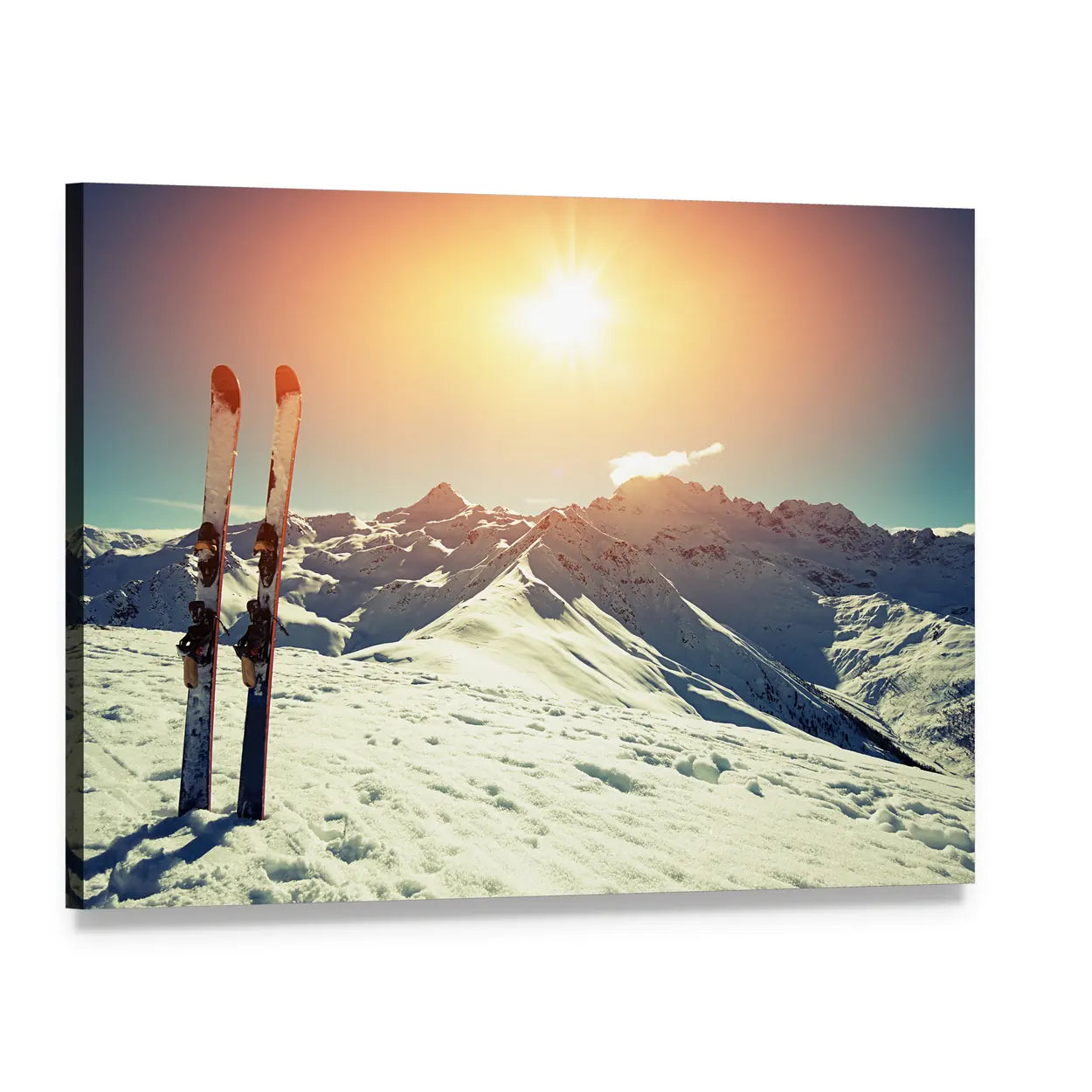 Skis in Snow at Mountain Summit Canvas Wall Art, single panel gallery wrapped canvas, angled product view