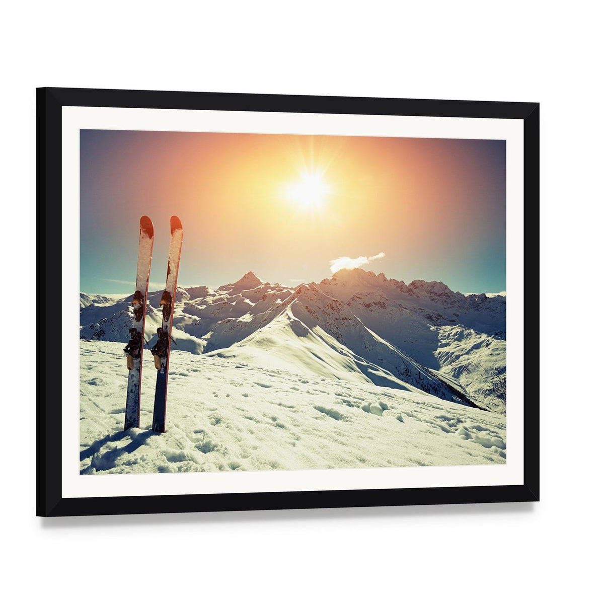 Skis in Snow at Mountains Canvas Wall Art, framed print with white mat and black frame, angled product view