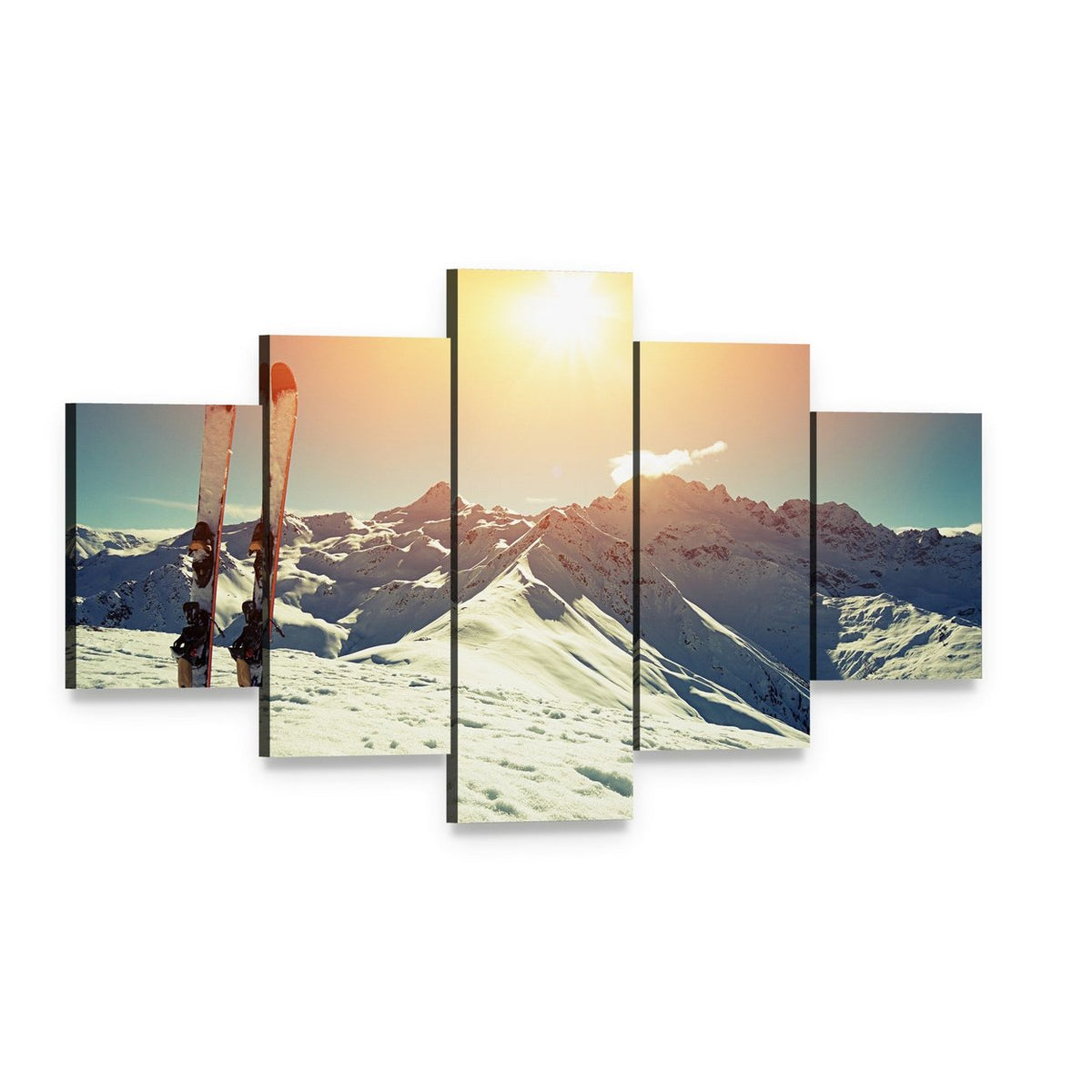 Skis in Snow at Mountains Canvas Wall Art, 5 panel 5 Star layout gallery wrapped canvas set, angled product view