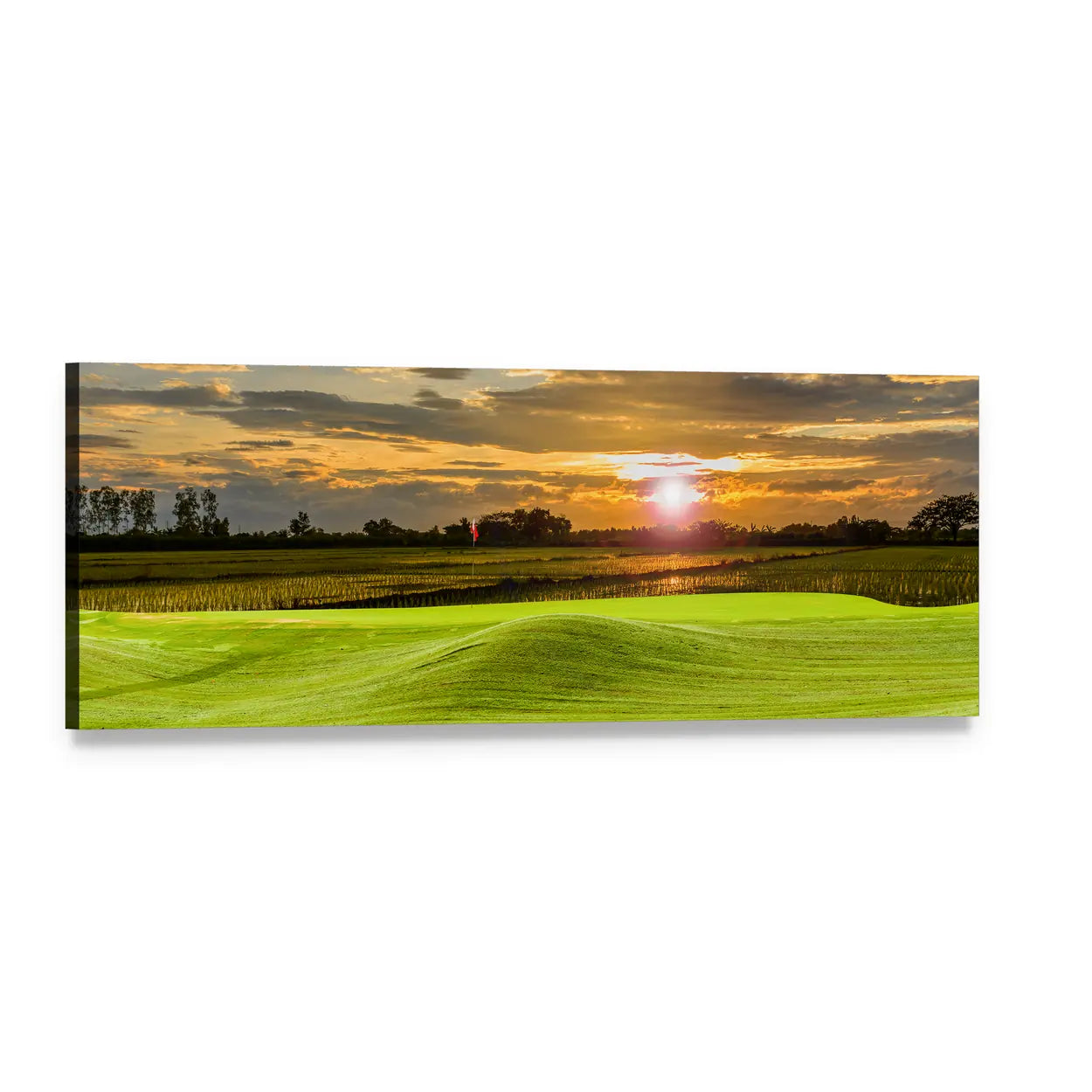 Rolling Golf Greens at Sunset Panoramic Canvas Wall Art, single panel gallery wrapped canvas, angled product view