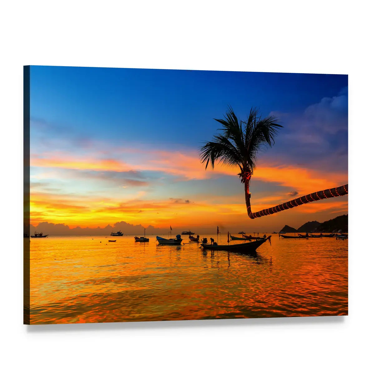 Sunset Beach with Leaning Palm and Boats Canvas Wall Art, single panel gallery wrapped canvas, angled product view